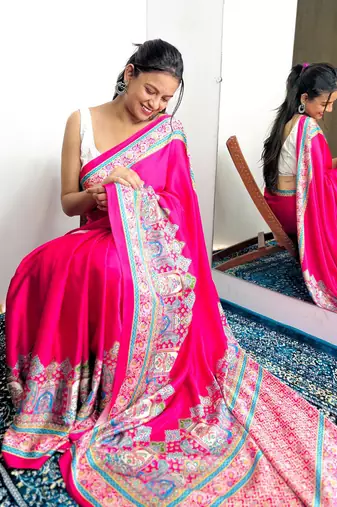 Magenta original japan satin saree with digital print blouse