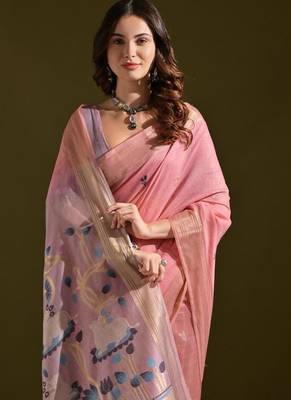 Pink muga cotton full resham weaving saree 4