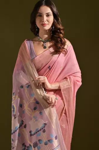 Pink color muga cotton colorfull resham weaving saree
