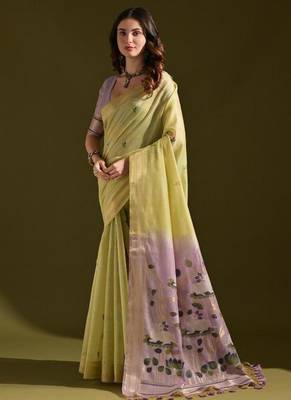 Lemon color muga cotton colorfull resham weaving saree 1