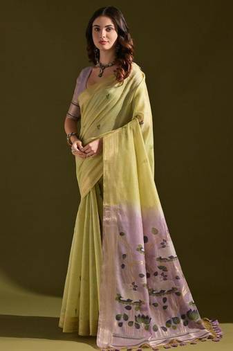 Lemon color muga cotton colorfull resham weaving saree