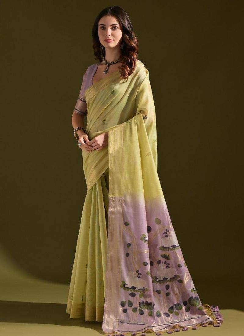 Lemon color muga cotton colorfull resham weaving saree