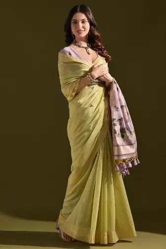 Lemon color muga cotton colorfull resham weaving saree