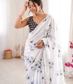 white silk blend digital printed saree with swarovski diamond work & blouse piece