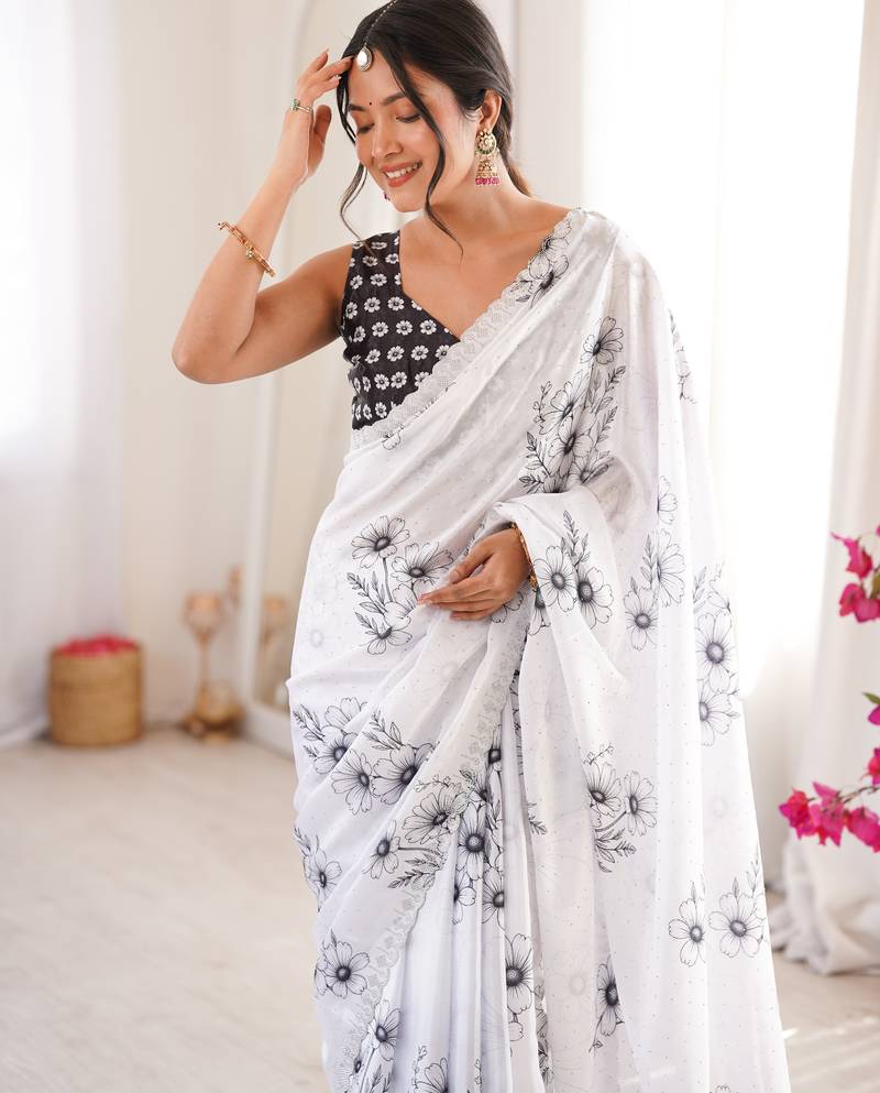 white silk blend digital printed saree with swarovski diamond work & blouse piece
