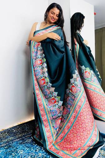 Black original japan devsena satin saree japan satin digital print blouse