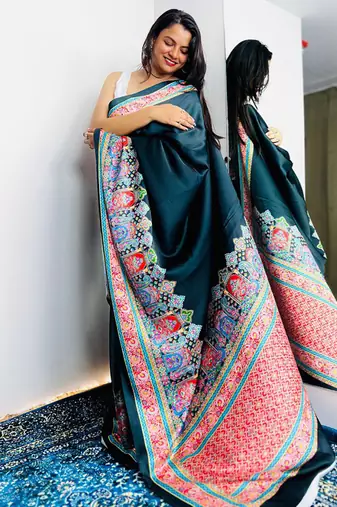 Black original japan devsena satin saree japan satin digital print blouse