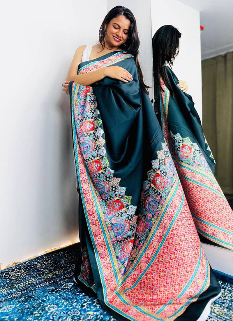 Black original japan devsena satin saree japan satin digital print blouse