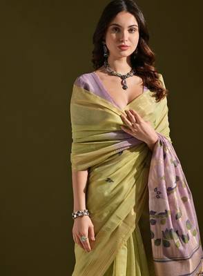 Lemon color muga cotton colorfull resham weaving saree 3