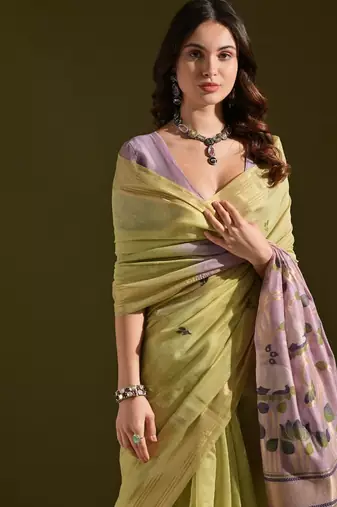 Lemon color muga cotton colorfull resham weaving saree