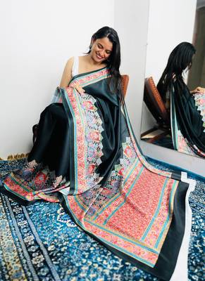 Black original japan satin saree with digital print blouse 2