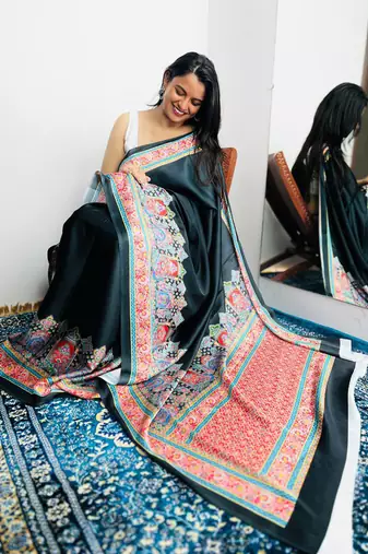 Black original japan satin saree with digital print blouse