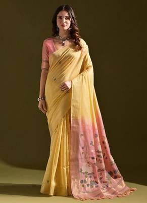 Yellow color muga cotton colorfull resham weaving saree 1