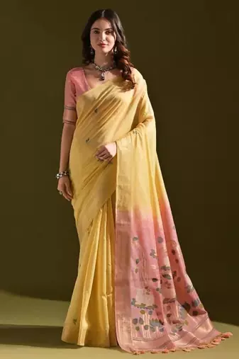 Yellow color muga cotton colorfull resham weaving saree