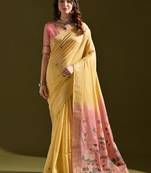 Yellow color muga cotton colorfull resham weaving saree