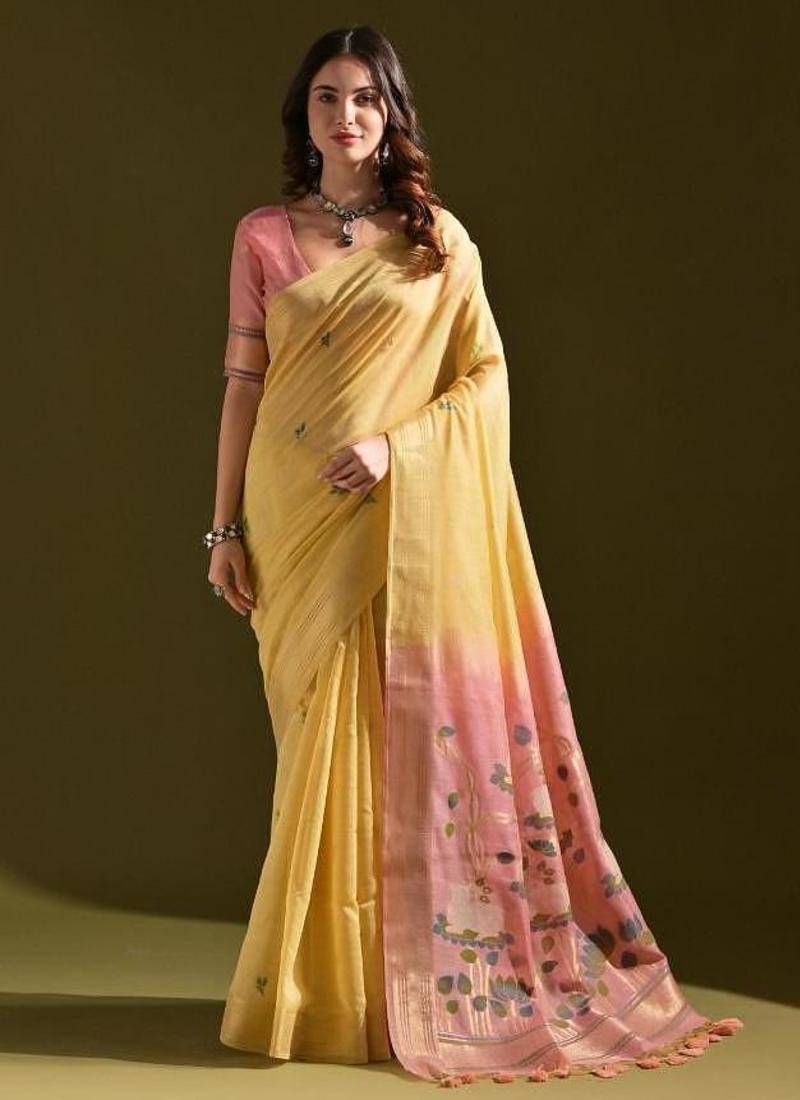 Yellow color muga cotton colorfull resham weaving saree