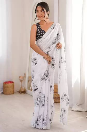 white silk blend digital printed saree with swarovski diamond work & blouse piece