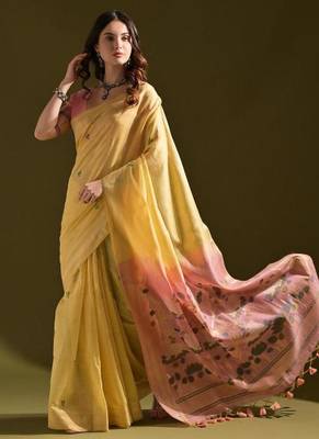Yellow color muga cotton colorfull resham weaving saree 2