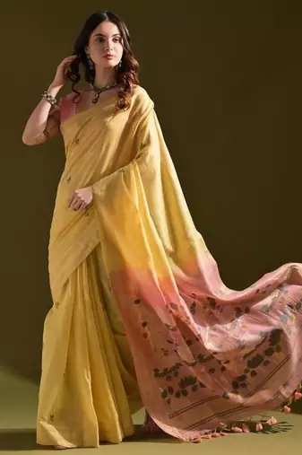 Yellow color muga cotton colorfull resham weaving saree