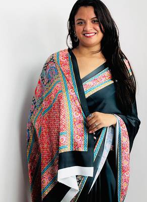 Black original japan satin saree with digital print blouse 3