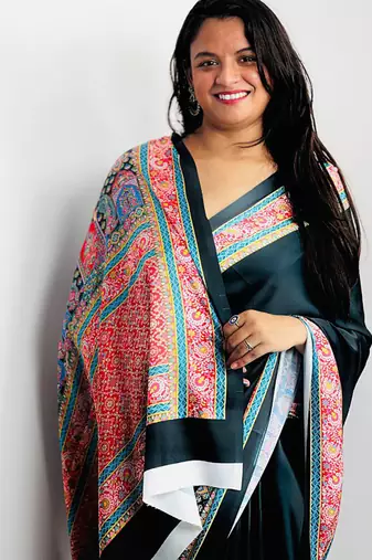Black original japan satin saree with digital print blouse