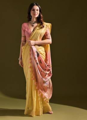 Yellow color muga cotton colorfull resham weaving saree 3
