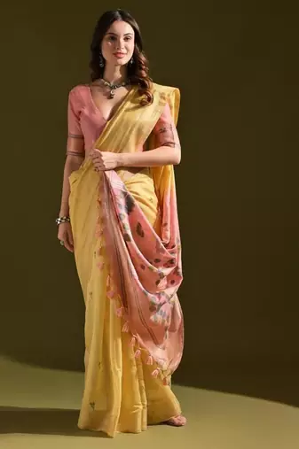 Yellow color muga cotton colorfull resham weaving saree