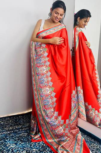 Red original japan devsena satin saree japan satin digital print blouse