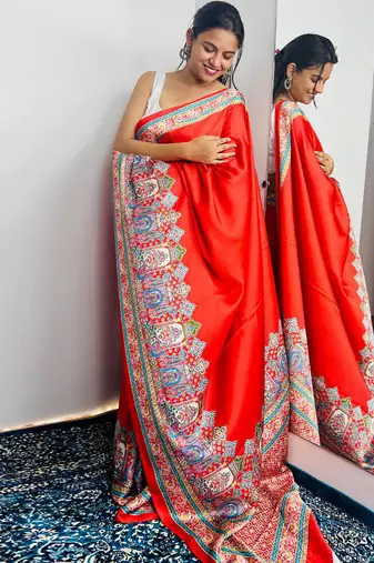 Red original japan devsena satin saree japan satin digital print blouse