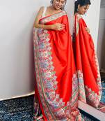 Red original japan devsena satin saree japan satin digital print blouse