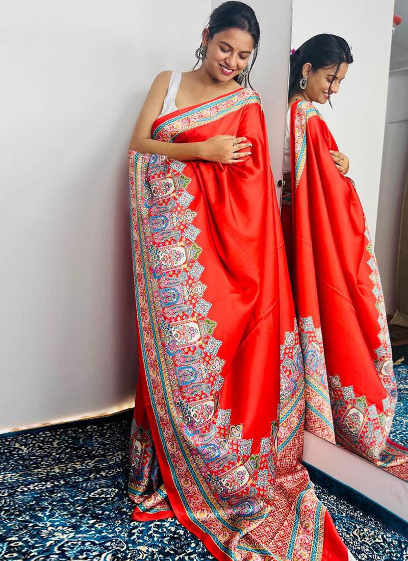 Red original japan devsena satin saree japan satin digital print blouse