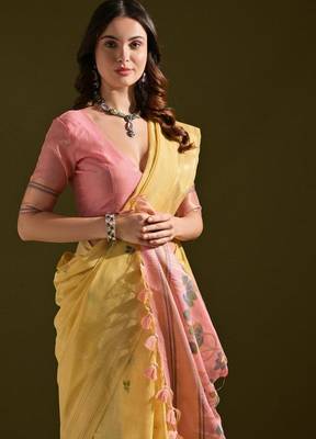 Yellow color muga cotton colorfull resham weaving saree 4