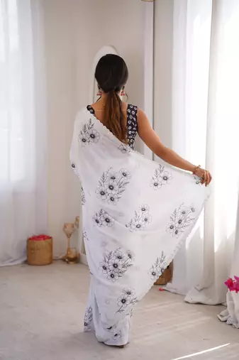 white silk blend digital printed saree with swarovski diamond work & blouse piece