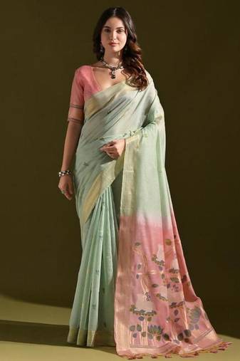 Sky blue color muga cotton colorfull resham weaving saree