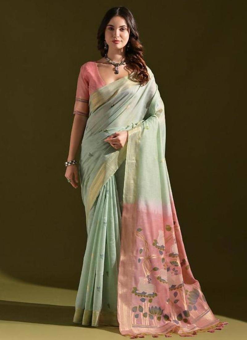 Sky blue color muga cotton colorfull resham weaving saree