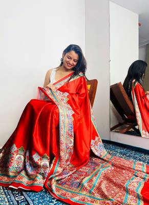 Red original japan satin saree with digital print blouse 2