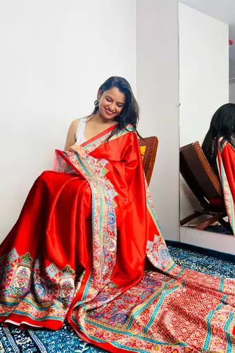 Red original japan satin saree with digital print blouse