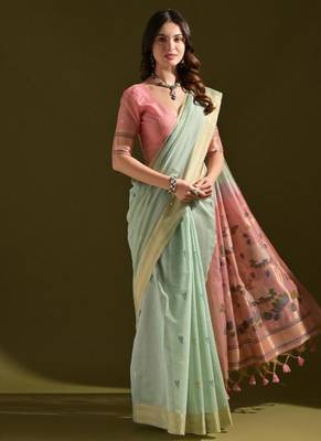 Sky blue color muga cotton colorfull resham weaving saree 2