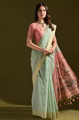 Sky blue color muga cotton colorfull resham weaving saree