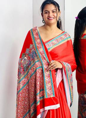 Red original japan satin saree with digital print blouse 3