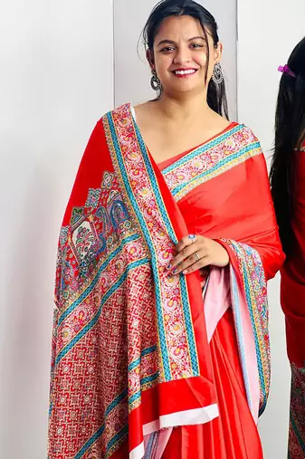 Red original japan satin saree with digital print blouse