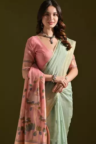 Sky blue color muga cotton colorfull resham weaving saree