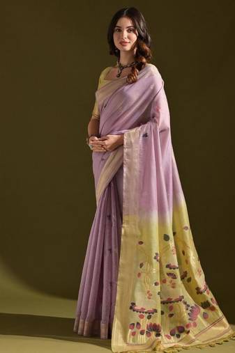 Levender color muga cotton colorfull resham weaving saree