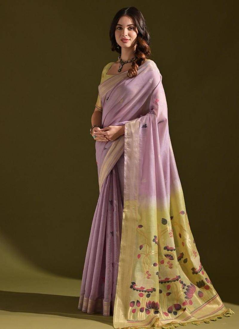 Levender color muga cotton colorfull resham weaving saree