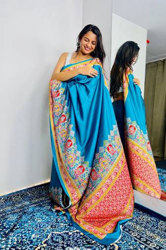 Aqua blue original japan devsena satin saree japan satin digital print blouse