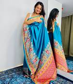 Aqua blue original japan devsena satin saree japan satin digital print blouse