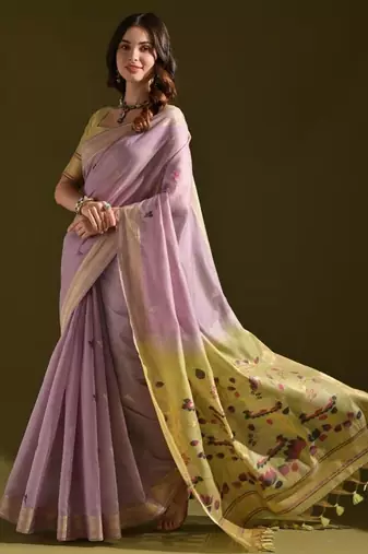 Levender color muga cotton colorfull resham weaving saree