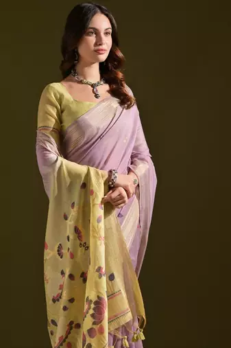 Levender color muga cotton colorfull resham weaving saree