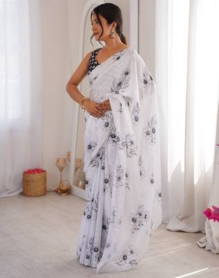 white silk blend digital printed saree with swarovski diamond work & blouse piece 5