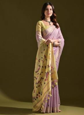 Levender color muga cotton colorfull resham weaving saree 4